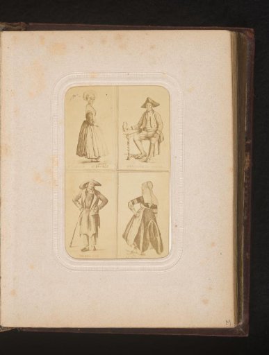 Four photographic reproductions of drawings of men and women in costume