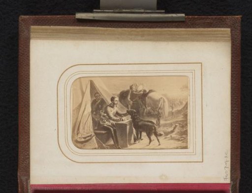 Photographic reproduction of a painting depicting soldiers in a camp