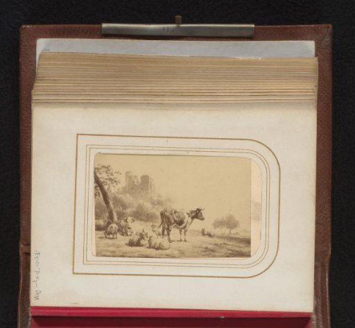 Photographic reproduction of a painting depicting cows and sheep near a ruin by Hendrikus van de Sande Bakhuyzen