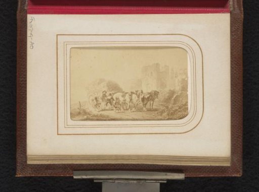 Photographic reproduction of a drawing depicting a horse and carriage near a ruin by Wouter Verschuur