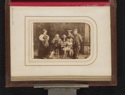Photographic reproduction of a drawing with a drinking boy and family indoors