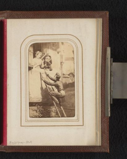 Photographic reproduction of a painting depicting a young man climbing to a girl behind a window with angry mother