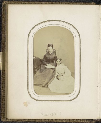 Portrait of two women, one with a book and one with a hat