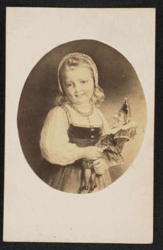 Photographic reproduction of a painting with a smiling girl with a jester doll