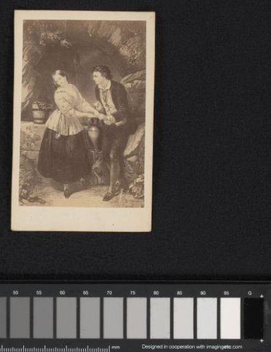 Photographic reproduction of a painting, man and woman at a well
