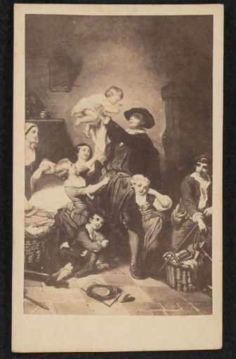 Photographic reproduction of a painting of an interior with a man with children