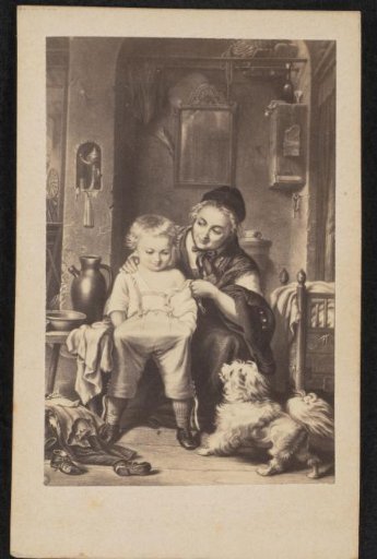 Photographic reproduction of a painting of an interior with mother, child and dog