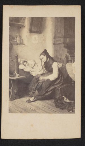 Photographic reproduction of a painting, mother watches over a lying little daughter
