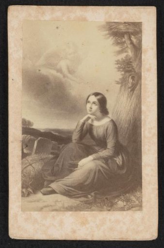 Photographic reproduction of a painting, pensive woman in a landscape with an angel