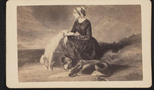 Photographic reproduction of a painting, woman with two dogs in landscape