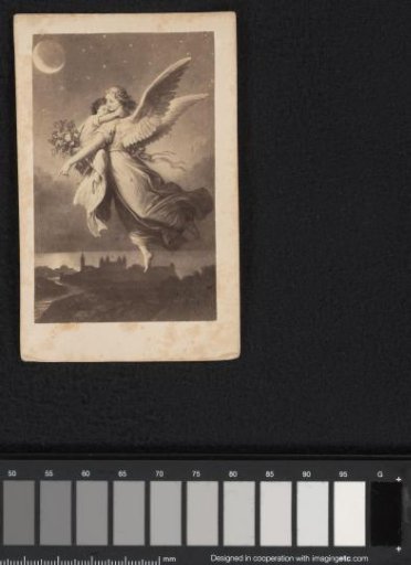 Photographic reproduction of a painting, an angel floats with a child above a city at night