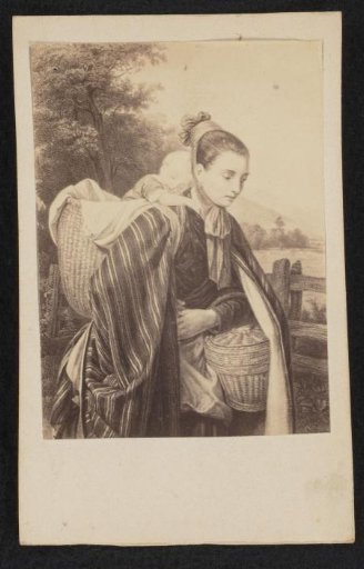 Photographic reproduction of a painting, woman with baskets and a child on her back