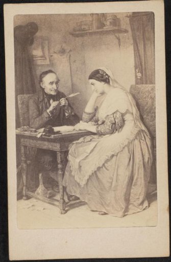 Photographic reproduction of a painting, woman and man at a desk