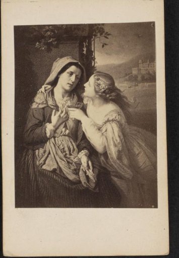 Photographic reproduction of a painting, woman offers a glass to a seated woman with ears of corn