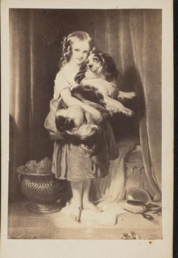 Photographic reproduction of a painting, girl stands with a dog in her arms
