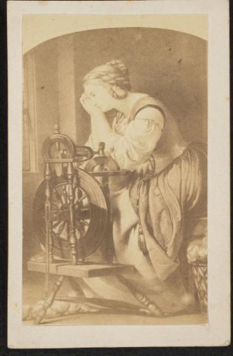 Photographic reproduction of a painting of a seated woman at a spinning wheel