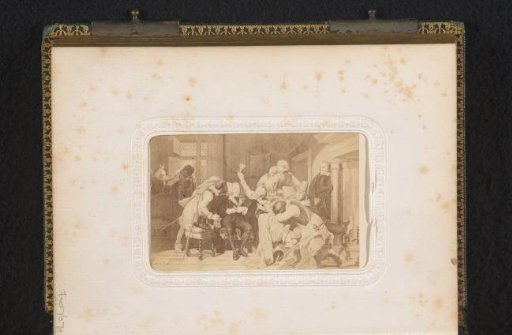 Photographic reproduction of a painting of Charles I of England mocked by his retinue by Paul Delaroche
