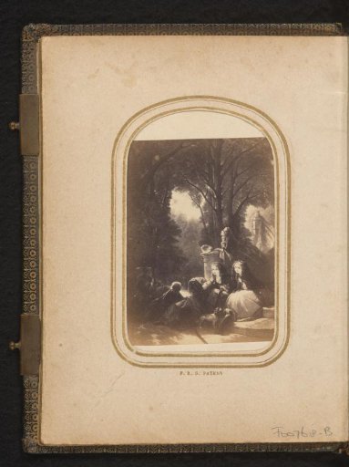Photographic reproduction of a painting of a group on the pavement in the evening