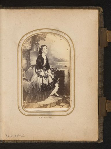Photographic reproduction of a painting of a seated woman with a flower basket by the water