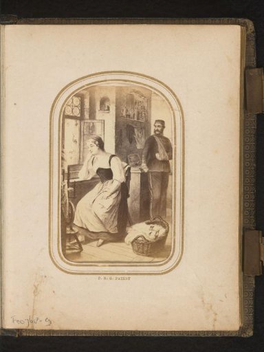 Photographic reproduction of a painting of a soldier with a woman and baby
