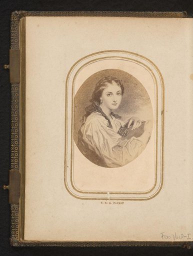 Photographic reproduction of a drawn portrait of a woman with a tambourine