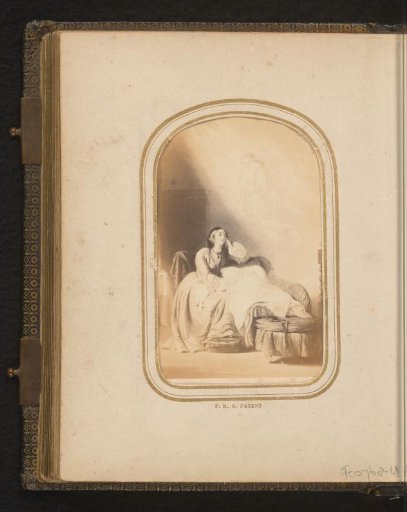 Photographic reproduction of a painting of a woman at the bedside of a sleeping baby