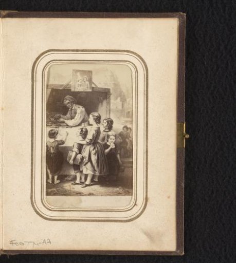 Photographic reproduction of a painting of children at the market stall of a waffle baker