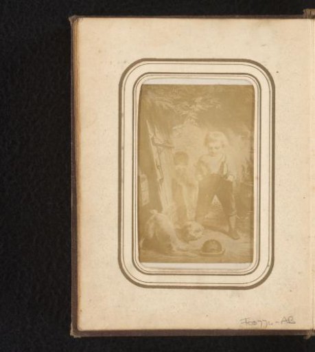 Photographic reproduction of a painting of a boy and dog at a cage with a mouse