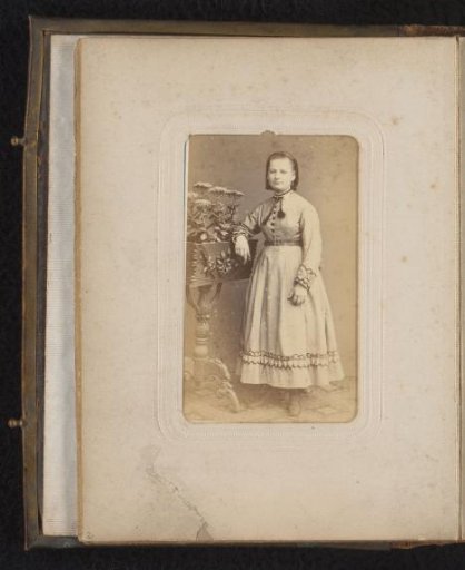 Portrait of a girl, standing by a piece of furniture with flowers