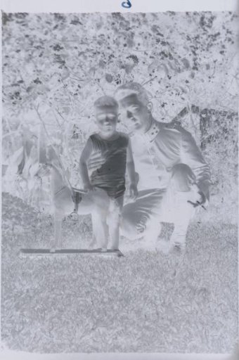Man and child with a toy horse on a grassy field