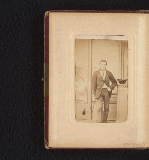 Portrait of a standing man with walking stick and top hat on a pedestal