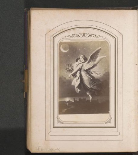 Photographic reproduction of a print of an angel with a sleeping child at night above a city