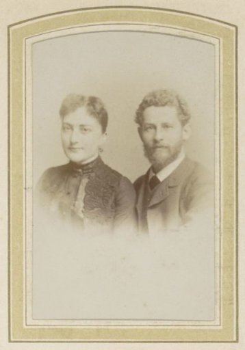 Portrait of a woman in a decorated dress and a man with curls, a beard and a cravat, designated as Uncle Adriaan