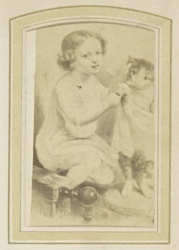 Photographic reproduction of a print of a child dressing a cat