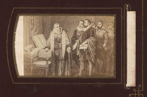 Photographic reproduction of an engraving of Johan van Oldenbarnevelt having his sentence pronounced on 12 May 1619