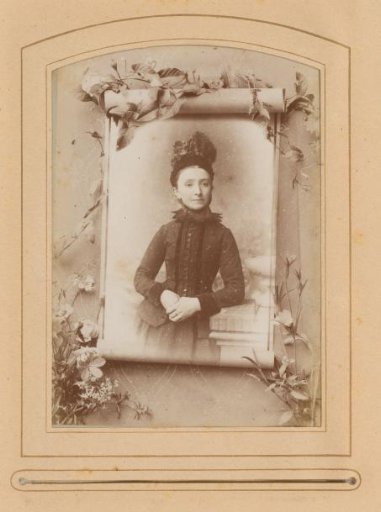 Photomontage of a portrait of a woman with a cap in a decorated frame with flowers