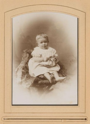 Portrait of a seated boy with flowers