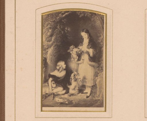 Photographic reproduction of a painting with two children, a deer and dogs