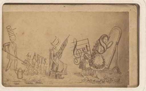 Photographic reproduction of a drawing with the motto "Celui les arts d'ennui"