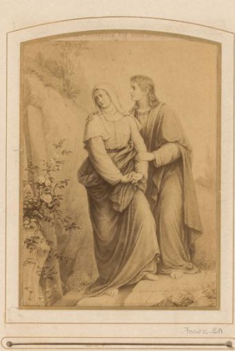 Photographic reproduction of a drawing of Mary and John the Baptist at the tomb of Christ