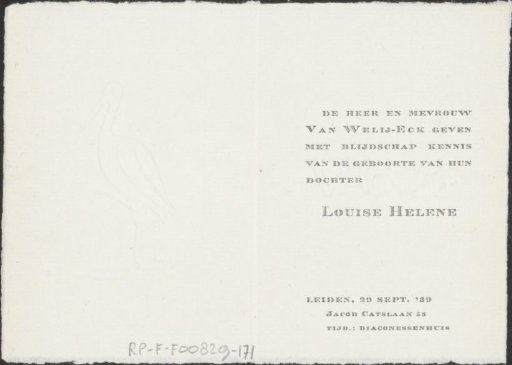 Birth card of Louise Helene, daughter of Mr. and Mrs. Van Welij-Eck