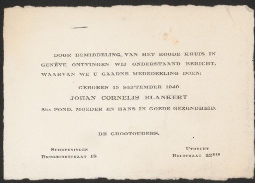 Birth card of Johan Cornelis Blankert, born 15 September 1940