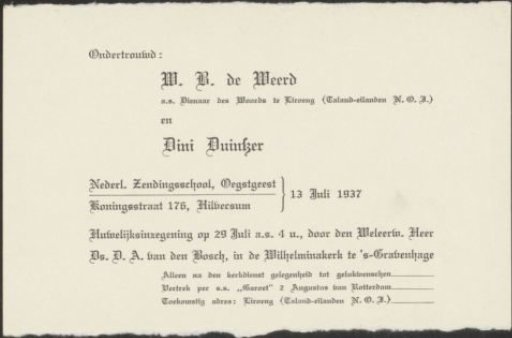Announcement of the marriage of W.R. de Weerd and Dini Duinker on 29 July 1937 in The Hague