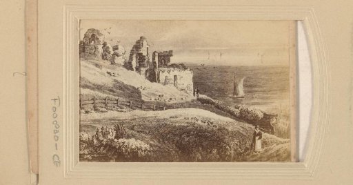 Photographic reproduction of a print of a landscape with ruins by the sea