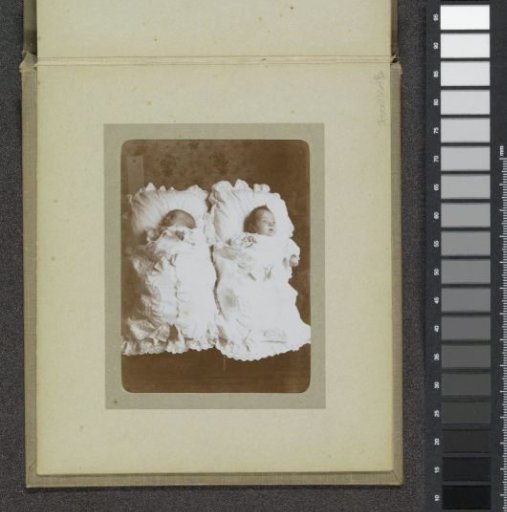 Portrait of two babies lying in cushion bags, probably the twins Ad and Johanna van der Kop