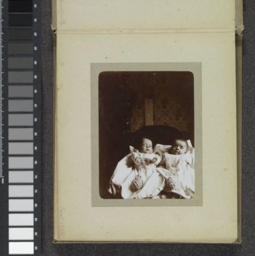 Portrait of two babies, probably the twins Ad and Johanna van der Kop