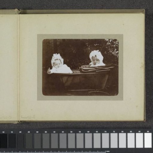 Portrait of two babies in a pram, probably the twins Ad and Johanna van der Kop