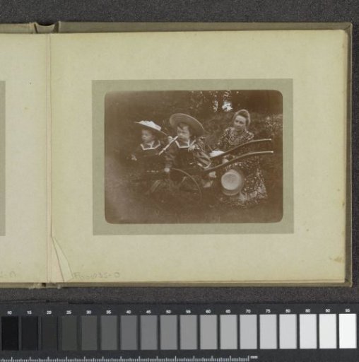 Woman with two toddlers with matching clothes and caps in a pushcart, probably the twins Ad and Johanna van der Kop and their mother W.G. Hoogendijk