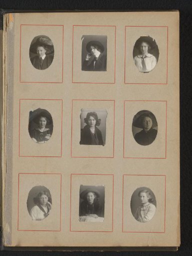 Nine portraits of young women, seven of them wearing hats