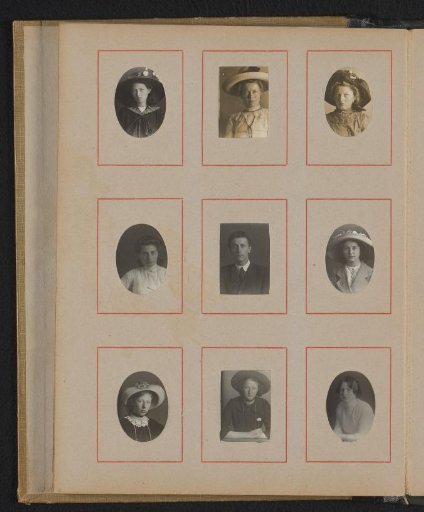 Eight portraits of young women, six of them wearing hats, and one portrait of a young man